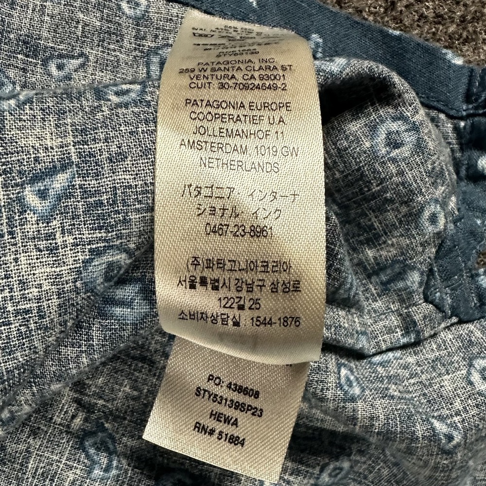 Patagonia Mens AC Shirt Blue Hemp Cotton Short Sleeve Button Down Fish Logo L - Picture 7 of 9